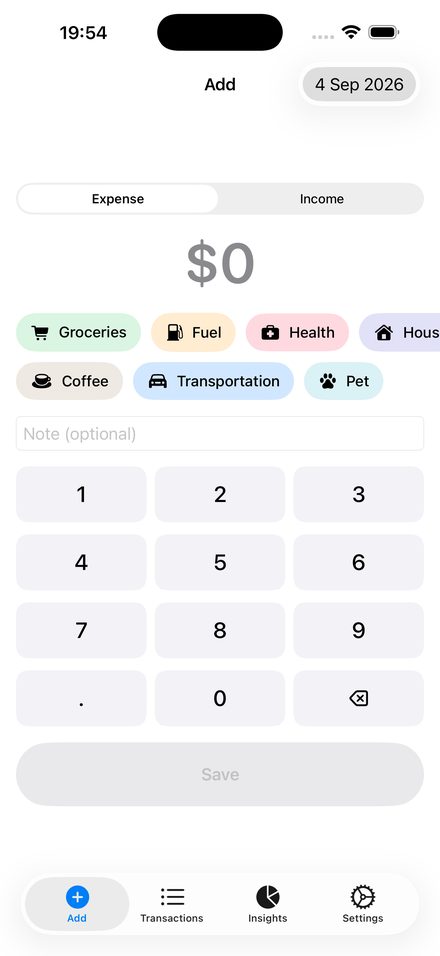 The Sundry entry screen: a large amount readout, category chips, and a calculator keypad.