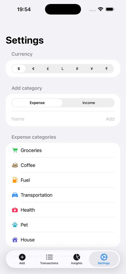 Settings: currency picker and editable categories.
