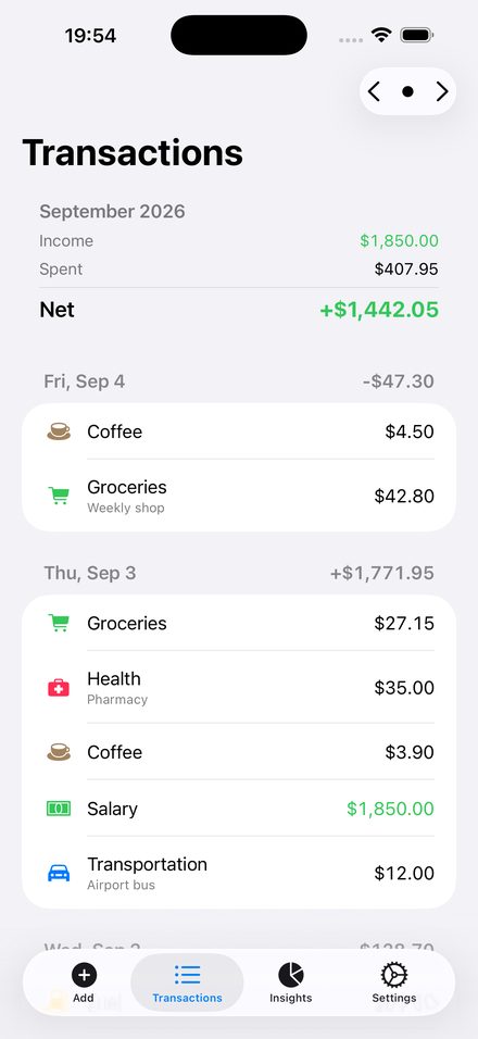 Transactions grouped by day, with a signed monthly net at the top.